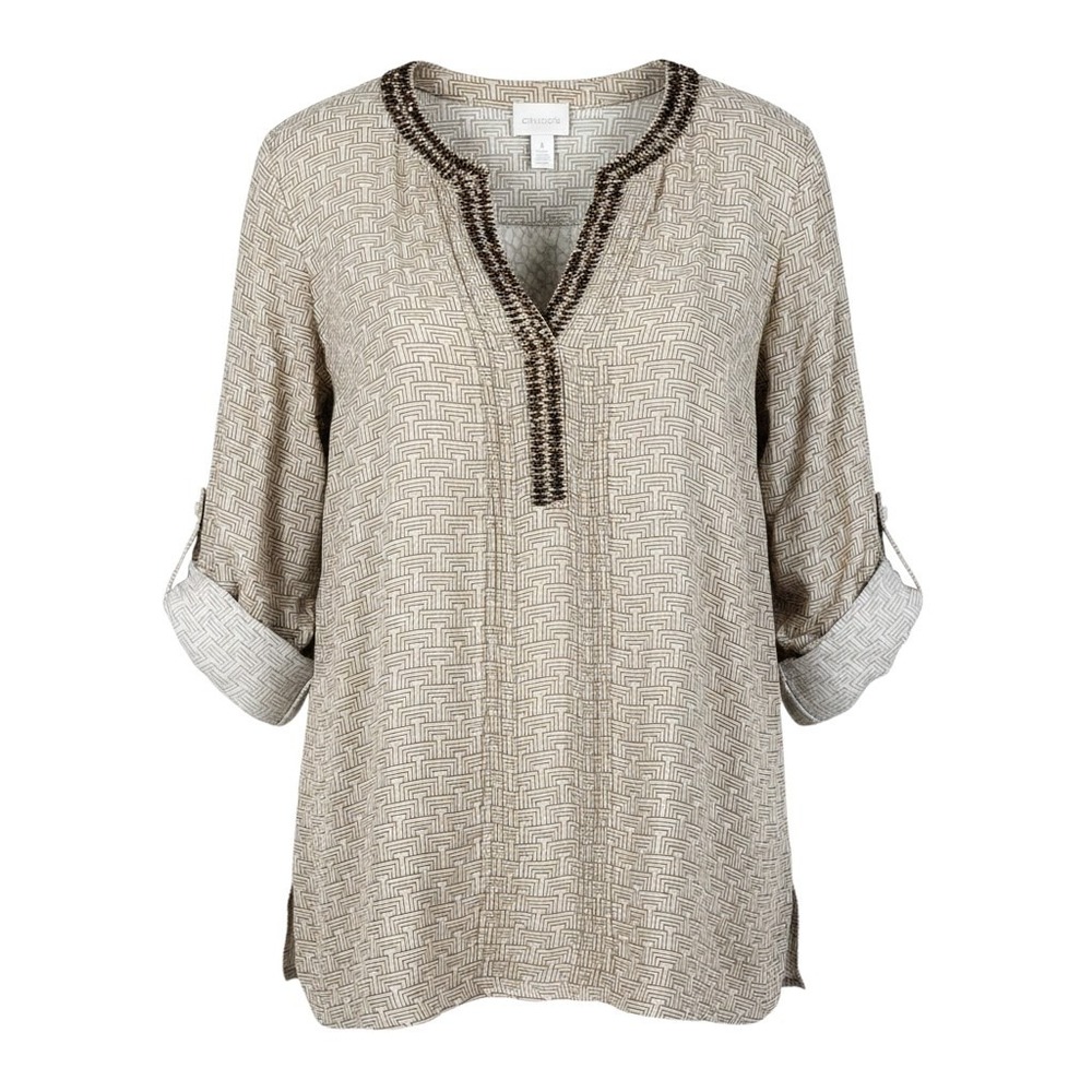 Chicos Tunic 2 L Tan Brown‎ Geometric Blouse Beaded V-Neck Resortwear Boho EUC